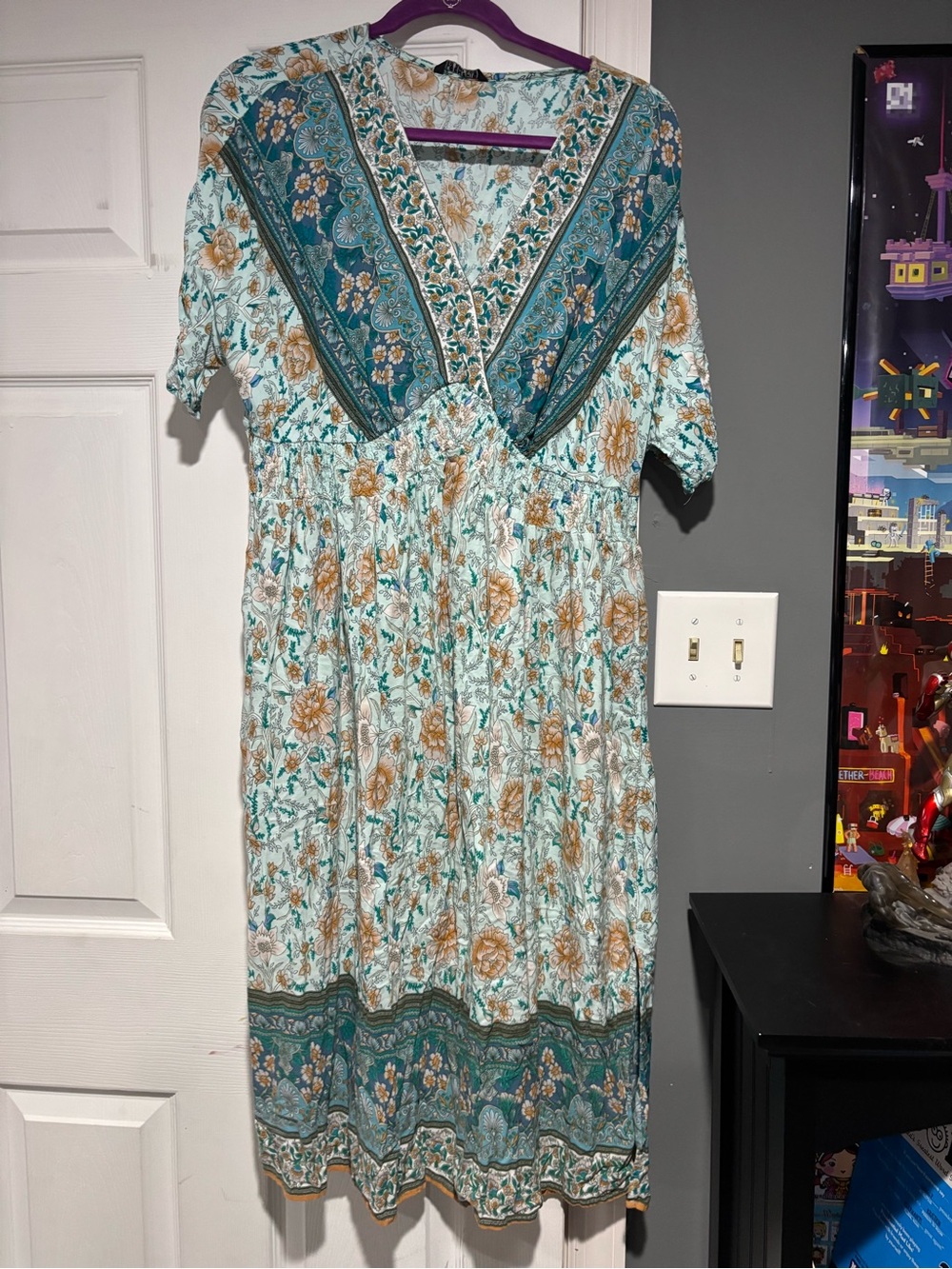 BloomChic Teal and Cream Floral V-Neck Midi Dress with Gold Accents